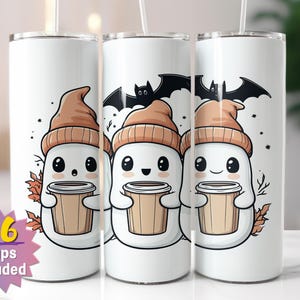 Emballage pour gobelet Kawaii Coffee Ghosts | Sublimation d'Halloween PNG | Options de bords droits et coniques | 16 emballages en prime inclus