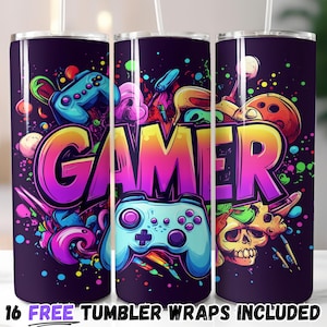 Neon Gamer Graffiti Tumbler Wrap | Vibrant Gaming Sublimation PNG | 20oz Straight & Tapered Designs | Instant Download