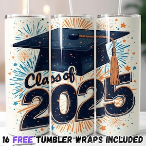 Klasse von 2025 Abschluss Tumbler Wrap Design | Sublimation PNG | Festliche Kappe und Feuerwerk Thema, Abitur, College Abschluss Becher