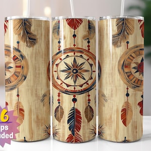 Emballage pour gobelet attrape-rêves vintage | Boussole et sublimation de plumes PNG | Options de bords droits et coniques | 16 emballages en prime inclus
