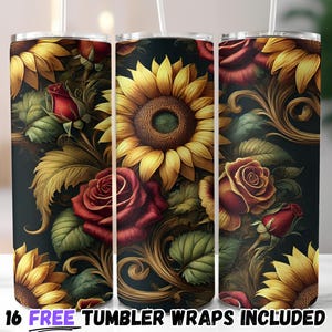 Sunflower and Rose Elegance 20oz Tumbler Wrap Skinny Sublimation Design Template, Floral Vintage Tumbler PNG, Digital Download