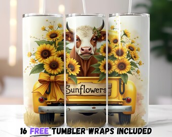 Seamless Highland Cow & Sunflowers Tumbler Wrap | Baby Highland Cow and Sunflowers | Sublimation Tumbler Designs | 20oz Skinny Tumbler
