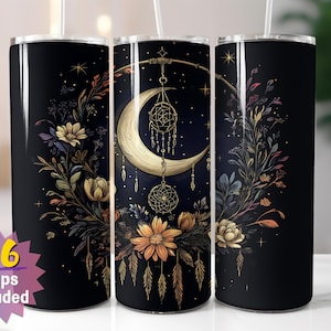 Emballage pour gobelet attrape-rêves lunaire | Lune bohème et sublimation florale PNG | Options de bords droits et coniques | 16 emballages en prime inclus