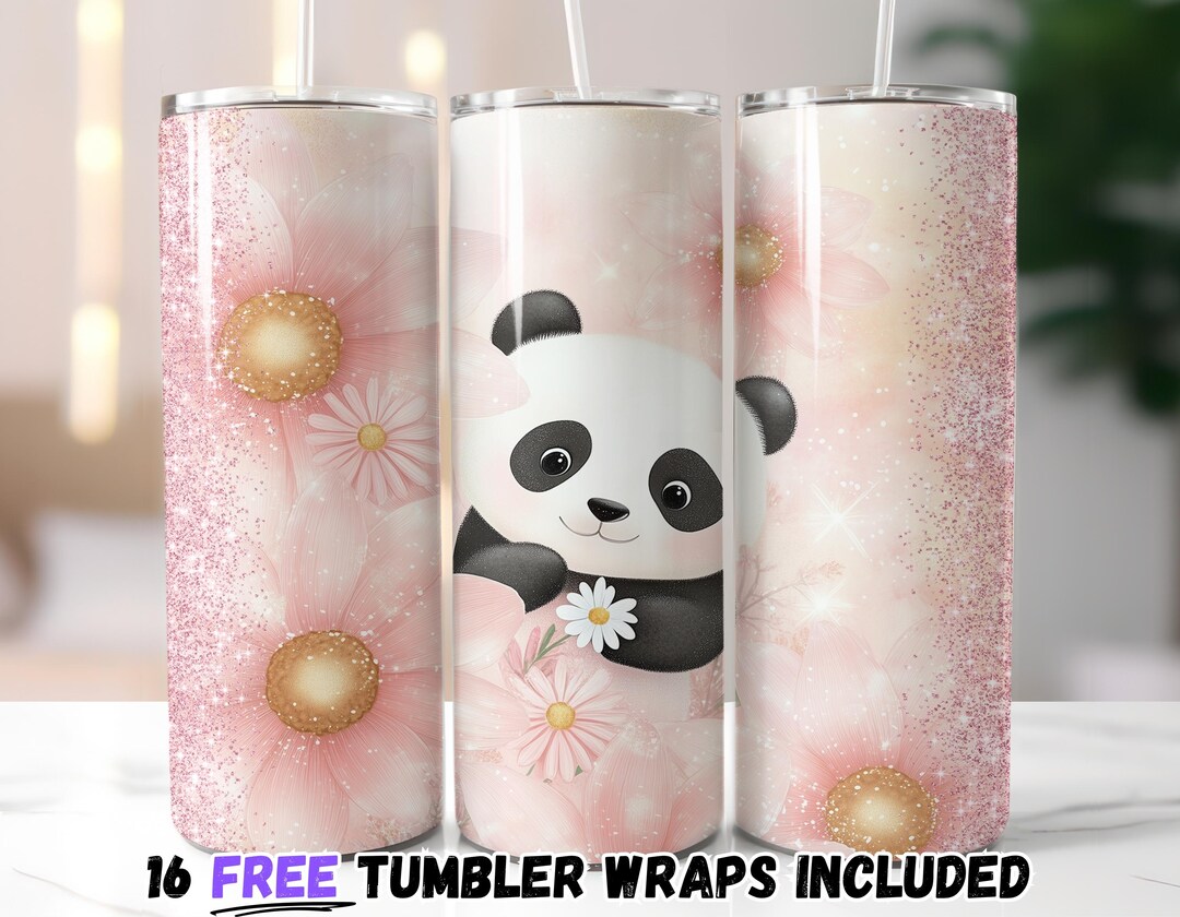 Cute Panda & Pink Floral Tumbler Wrap | Glitter Sublimation PNG | 20oz ...