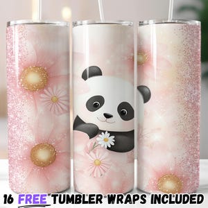Cute Panda & Pink Floral Tumbler Wrap | Glitter Sublimation PNG | 20oz Straight and Tapered Designs | Instant Download