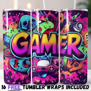 Neon Gamer Graffiti Tumbler Wrap | Vibrant Gaming Sublimation PNG | 20oz Straight & Tapered Designs | Instant Download