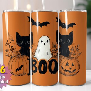 Gobelet d'Halloween chats et fantômes | Sublimation effrayante PNG | Options de bords droits et coniques | 16 emballages en prime inclus