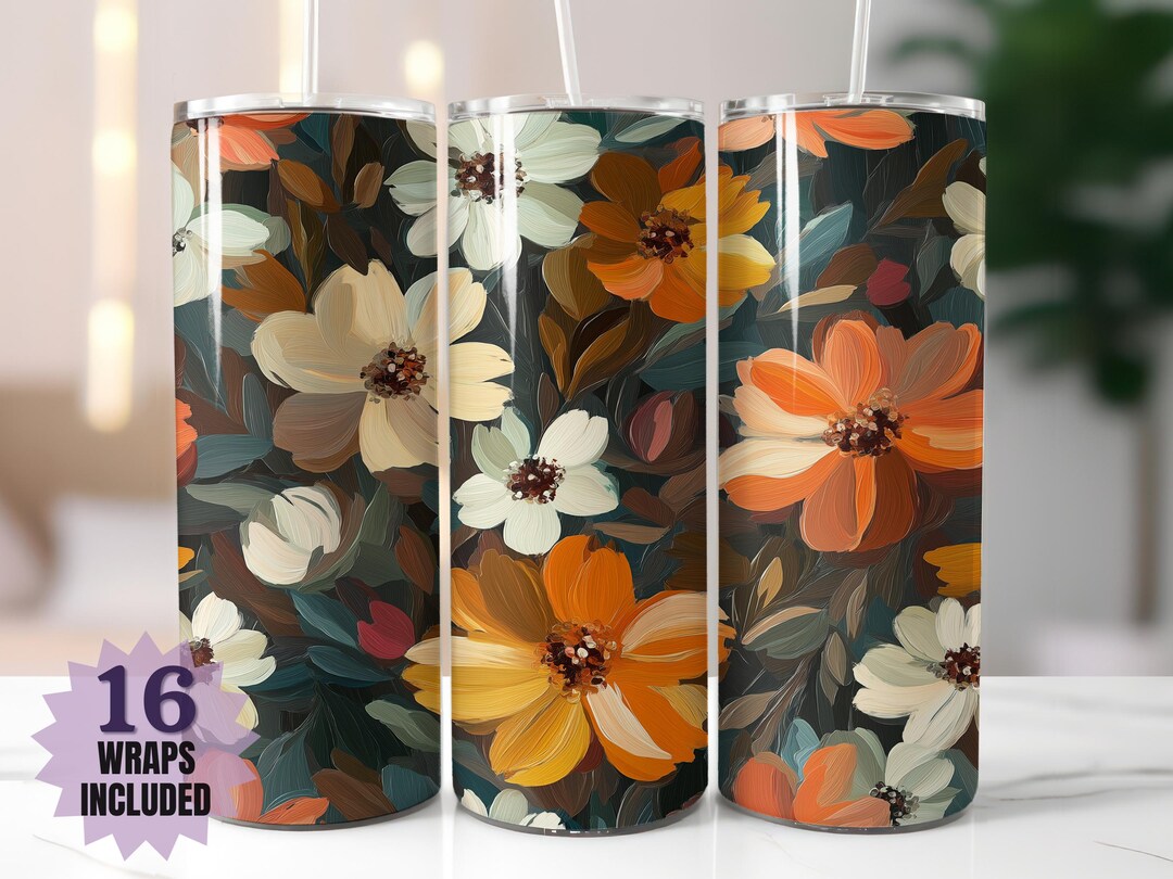 Rustic Floral Tumbler Wrap - Hand-painted Fall Flowers Sublimation PNG ...