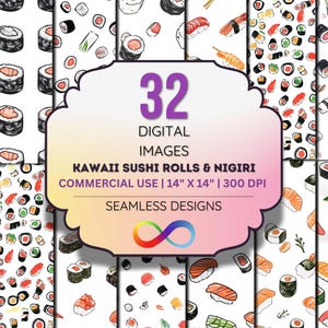 Pacote de papel digital para sushi – Padrões de comida japonesa desenhados à mão sem emendas – Rolos de sushi Kawaii e Nigiri – JPEG – 300 DPI – Uso comercial