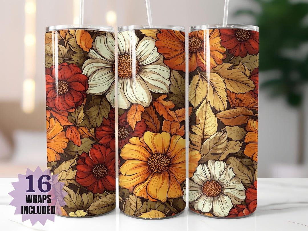 Autumn Floral Tumbler Wrap - Rustic Fall Flowers Sublimation PNG | Free ...