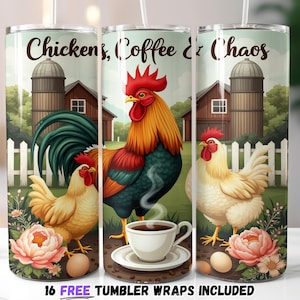 Hühner Kaffee & Chaos Tumbler Wrap | Rustikaler Bauernhaus Hahn und Henne Digitaler Download | Country Kitchen Sublimation PNG
