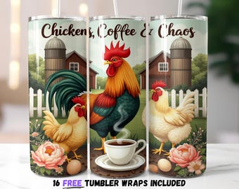 Envoltura para vaso de café y caos de pollos / Gallo y gallina de granja rústica Descarga digital / Sublimación PNG de cocina campestre