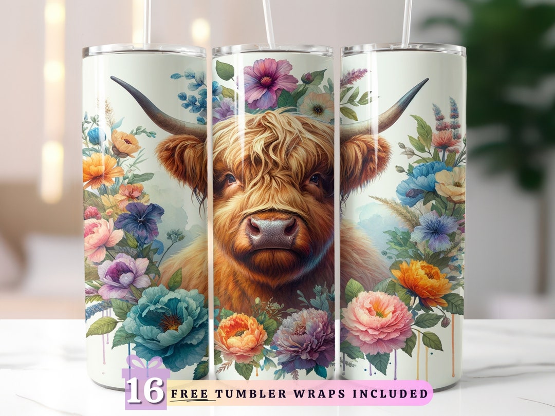 Highland Cow Floral 20oz Skinny Tumbler Wrap, Sublimation Design ...