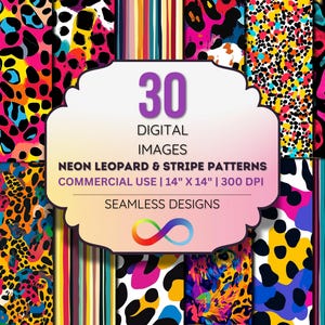 Neon Leopard & Stripe Digital Paper Pack - 30 Seamless Animal Print and Bold Stripe Patterns, 14&quot;x14&quot; 300 DPI JPEGs, Instant Download