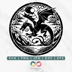 Fichiers de coupe Majestic Dragon Silhouette - Formats polyvalents, y compris PNG, SVG, Jpg, Eps, Dxf - Parfait pour la création et la conception, Tshirt Dragon