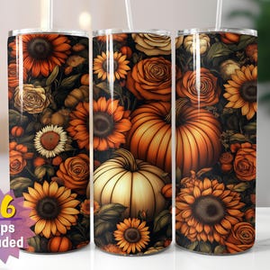 Wrap pour verres aux citrouilles et aux tournesols | Sublimation PNG | Conception de récolte florale d'automne | Droit et conique | Comprend 16 emballages gratuits en prime