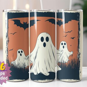 de papier peint pour verres Fantômes et chauves-souris | Sublimation d'Halloween PNG | Options de bords droits et coniques | 16 emballages en prime inclus