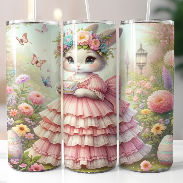 Pretty Easter Bunny with Butterflies 20oz Skinny Tumbler Wrap, Pastel Flowers 20 oz Sublimation Design PNG, Digital Download