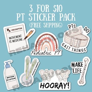 May include: A set of ten colorful stickers for physical therapists. The stickers feature a rainbow, a bone, a gait belt, a physical therapy symbol, and the text "Movement is Medicine", "Motion is Lotion", "Pediatric PT", "Gait Things", "Make Life", and "Hooray!"