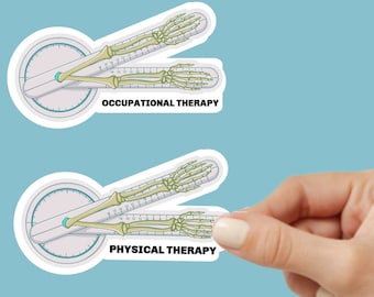 Puede incluir: Dos pegatinas blancas con una ilustración de un brazo y una mano de esqueleto. Las pegatinas están etiquetadas como "Occupational Therapy" y "Physical Therapy".