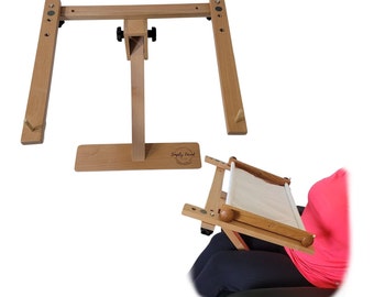 May include: Wooden embroidery stand with adjustable height and a swiveling arm. The stand has a base with a "Simply Loved" logo. The stand is shown assembled and disassembled.