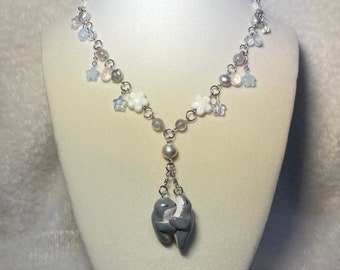 Seal Hug Necklace - Handmade beaded necklace, polymer clay pendant, freshwater pearls, stainless steel hardware