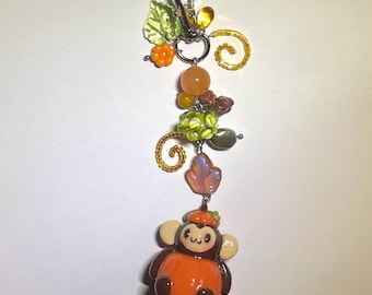 Pumpkin Monkey Handmade Polymer Clay Bag Charm / Keychain
