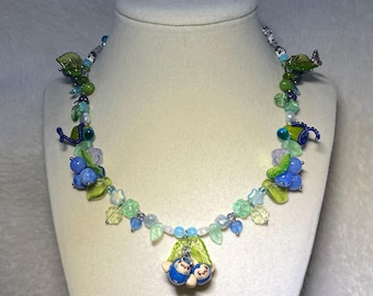 Blueberry Monkey Necklace: Handmade Polymer Clay, Czech Glass, Pearl, and Acrylic Beaded Jewelry