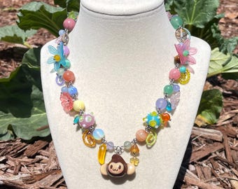 Blushing Monkey Colorful Necklace - Handmade Beaded Jewelry, Polymer Clay Pendant, Stainless Steel Hardware