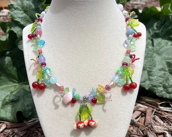 Cherry Monkey Necklace: Handmade Polymer Clay, Czech Glass, Pearl, and Acrylic Beaded Jewelry