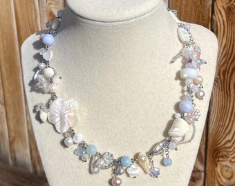 Shoreline Beaded Necklace: Gemstone, Shell, Pearl, and Czech Glass, Stainless Steel Hardware
