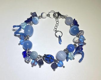 Blue Ladybug Bracelet - Glass, Ceramic, & Gemstone Beads, Stainless Steel Hardware