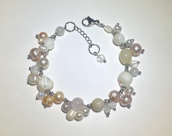 Heavenly Bracelet - Pearl, Glass, Mother of Pearl, & Gemstone Beads, Stainless Steel Hardware