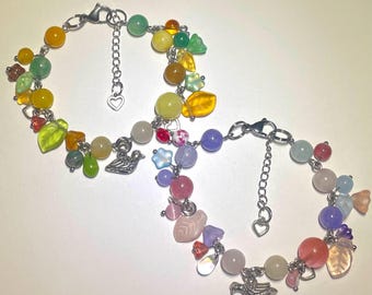 Love Birds Bracelets: Bird Charm Handmade Beaded Bracelets, Gemstone, Czech Glass, Stainless Steel Hardware