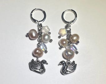 Swan Earrings – Pearl, Glass Beads, Sterling Silver Plated Brass Hoops