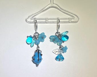 Blue Ladybug Mismatch Earrings - Hypoallergenic Sterling Silver Plated Brass Huggie Hoops, Glass & Acrylic Beads