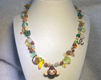 Blushing Monkey Necklace: Handmade Polymer Clay, Czech Glass, Pearl, and Acrylic Beaded Jewelry