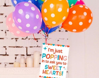 Balloon Sweehearts voorstel poster "Ik kom even langs om je te vragen voor Sweethearts!" eenvoudig ballonvoorstelidee
