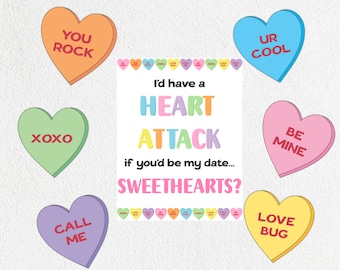 Sweethearts Promposal Ask Printable "Ik zou een hartaanval krijgen als jij mijn date zou zijn... liefjes?" eenvoudig postervoorstelidee