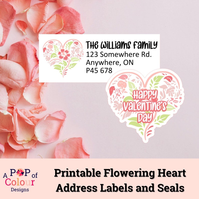 Etiquetas imprimibles para remitente con forma de corazón floreciente con sellos de sobre a juego imagen 2