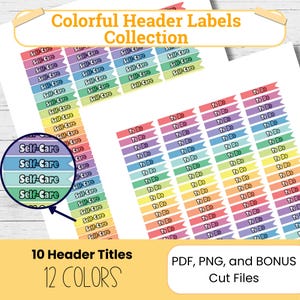 Rainbow Planner Stickers: Functional Header Labels (PDF, PNG, Cut Files)