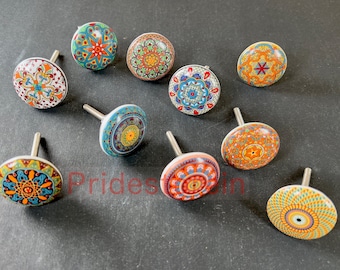 10 PC  of Cabinet Ceramic Knobs | Classic Colourful Mandala Designs| Drawer Closet Dresser Wardrobe Furniture Door| Nuts & Bolts Included