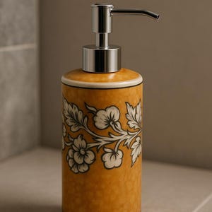 Amber Floral Ceramic Soap Dispenser – Handmade Pottery Bottle with Pump | Rustic Bathroom Sink Decor | Lotion Dispenser