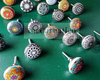 10 PC of Cabinet Ceramic Knobs | Classic Black Mandala Designs| Drawer Closet Dresser Wardrobe Furniture Door| Nuts & Bolts Included