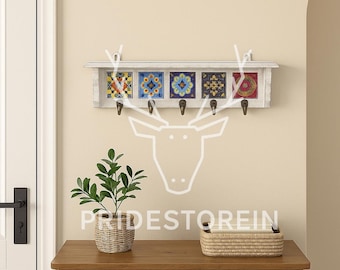 Schlüsselhalter Rustikales Weißes Holz: Buntes Keramikfliesenregal