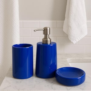 Handmade Royal Blue Ceramic Bathroom Set of 3 – Soap Dispenser, Toothbrush Holder & Tray