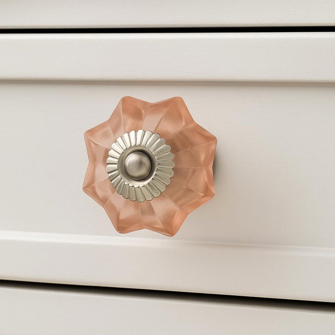 Handmade Clear Pink Glass Drawer 10 Knob With Brushed Nickel Base ...