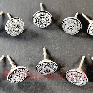 Black White Ceramic  10 Cabinet Knob Set – Mandala Drawer Pull Nuts & Bolts Included