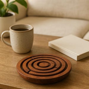 May include: A round, wooden coaster with a concentric maze design. The coaster is a warm brown color and sits on a wooden table. A ceramic mug and a book are also on the table.