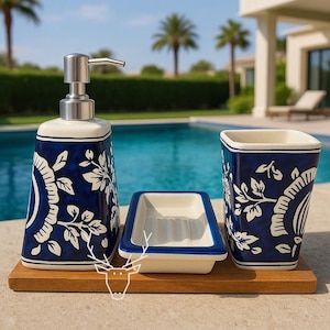 Royal Blue Elegant Ceramic Bathroom Set of 3 PC  – (Includes Hand-Painted Floral Soap Dispenser, Toothbrush Holder & Soap Dish)